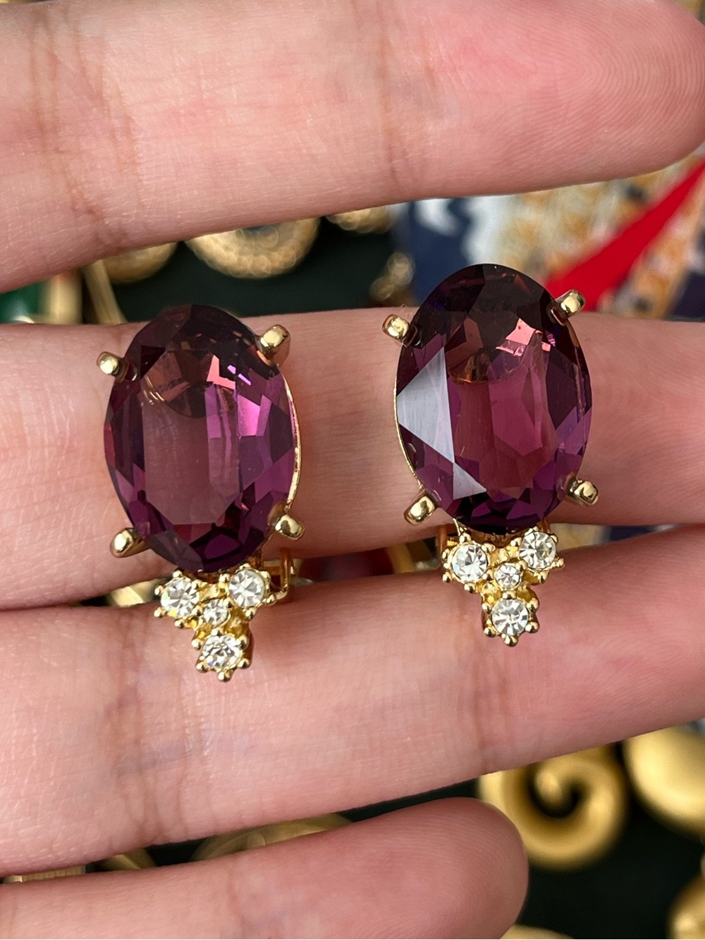 Vintage Christian Dior Crystal Series Oval Purple Rhinestone Gold Clip Earrings
